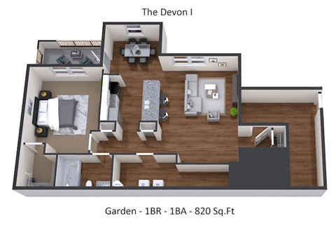 Floor plan for 1 bed, 1 bath, 820 sqft